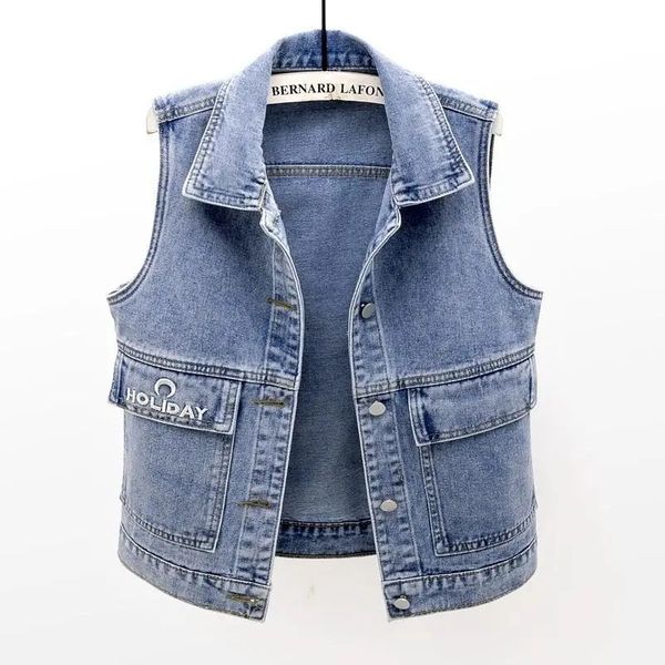 

women's vests vest big pocket jean plus size spring summer waistcoat blue turn-down collar loose denim sleeveless jacket woman qqmq, Black;white