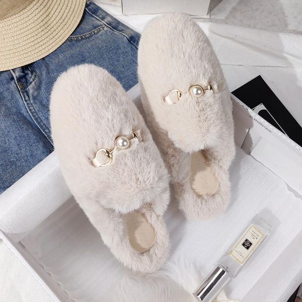 

slippers winter women house faux fur fashion warm shoes woman slip on flats female slides black pink cozy home furry