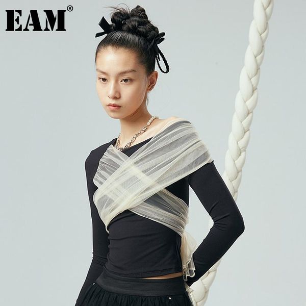 

women's t-shirt [eam] women black mesh bandage spliced cross skinny slash neck long sleeve fashion tide spring autumn 2021 1dd5707, White