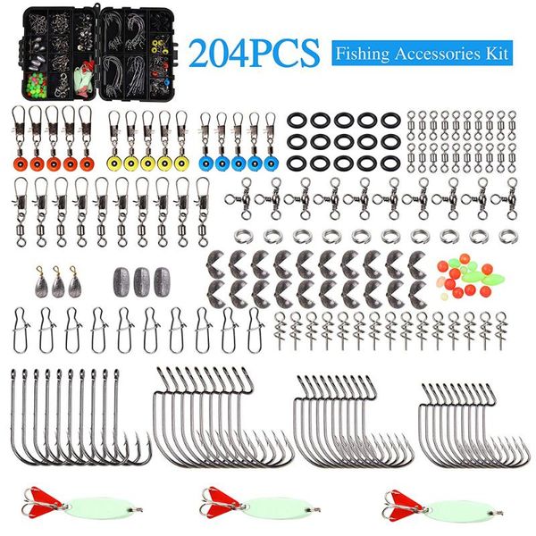 

fishing accessories 204pcs/box tackle kit with hooks sinker weights swivels snaps slides wacky o-rings spoons lures beads