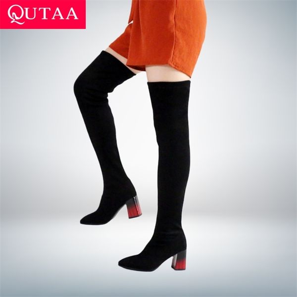 

qutaa pointed toe over the knee women boots stretch flock high heel women shoes autumn winter fashion boots size 34-43 210914, Black