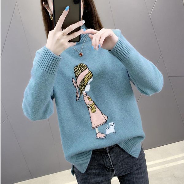 

women's sweaters female print lady knitted sweater casual neck beautiful female knitting pull jumpers long winter femme ezzj, White;black