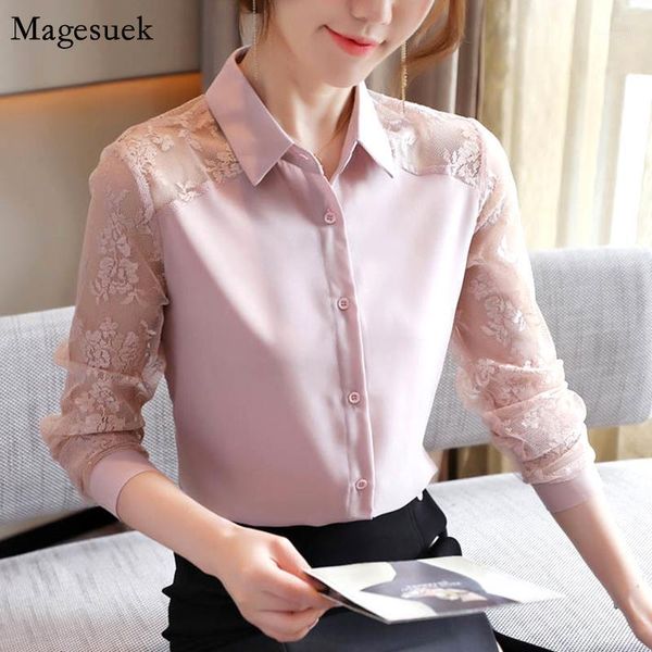 

fashion korean lace office chiffon blouse women 2021 autumn cardigan floral shirts casual pink long sleeve blusa 11491 women's blouses, White