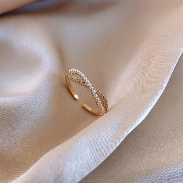 

cluster rings 2021 south korean cross bow pearl ring female fashion temperament personality adjustable opening forefinger, Golden;silver