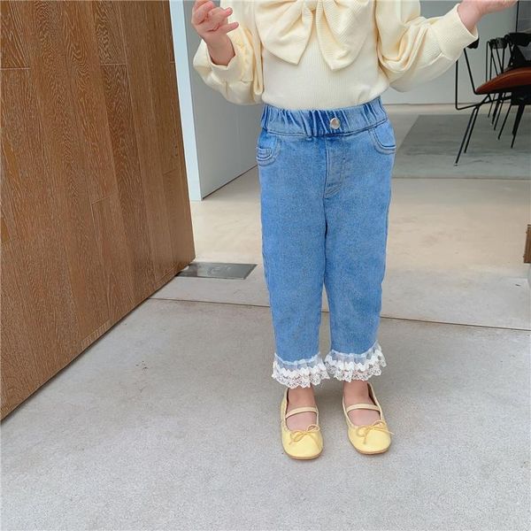 

spring autumn girls fashion lace patchwork jeans children solid color slim casual denim trousers, Blue