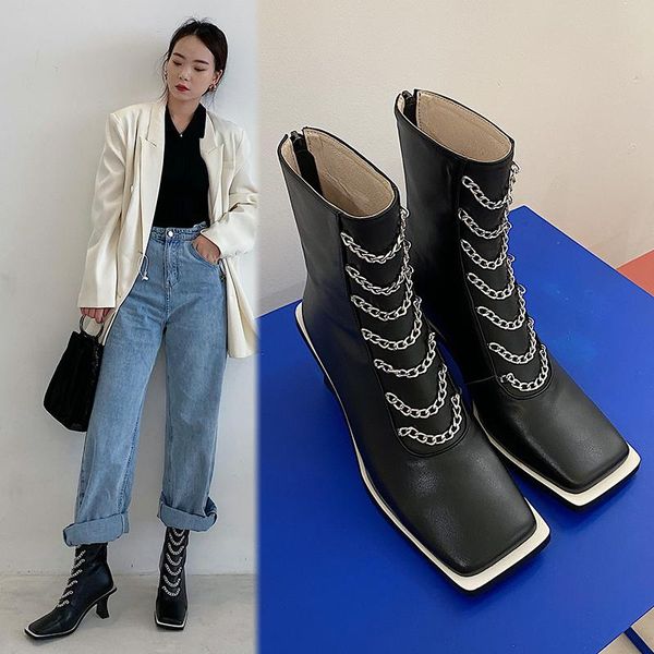 

boots 2021 fashion est genuine leather women ankle female square toe chain thick high heels pumps winter party shoes woman, Black