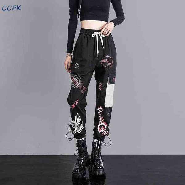 Graffiti gothic cargo calças mulheres cintura alta calças soltas feminino punk streetwear indie sweatpants y2k alt estética y211115