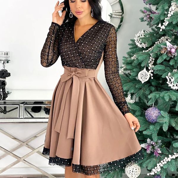 

2021capucines 2021 new shiny sequin mesh stitching woman dress spring autumn long sleeve a line belted ladies elegant party dresses, Black;gray