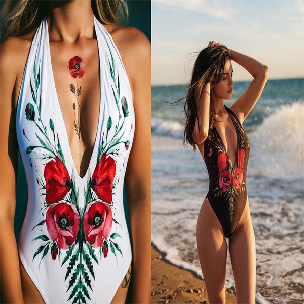 

2021 one piece with neck print and deep v-neck bikini swimsuit, Red;black