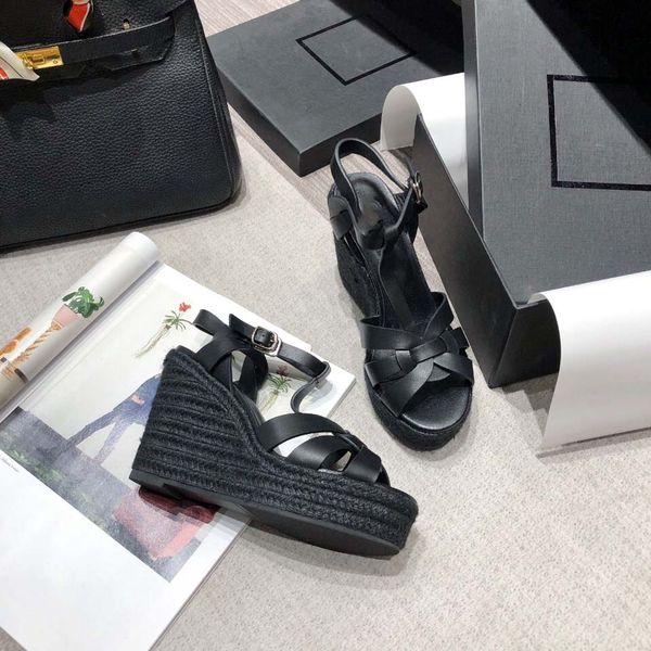 

straw slippers sandals sloping heel thick women espadrille strap round wedge fashion genuine leather fisherman wedding dress party shoes wit, Black