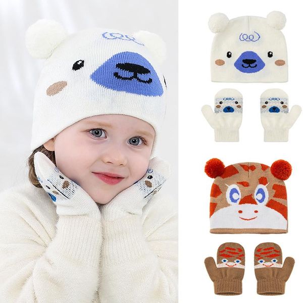 

caps & hats 2pcs baby hat gloves set cute cartoon double pompom warm knitted winter toddler boy girl beanie born children cap, Yellow