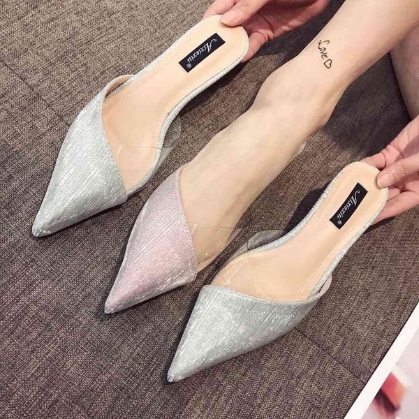 

slippers pointed toe women sandals slides bling silver/pink shoes thin low heels fashion dress elegant size 35-39 yp62, Black