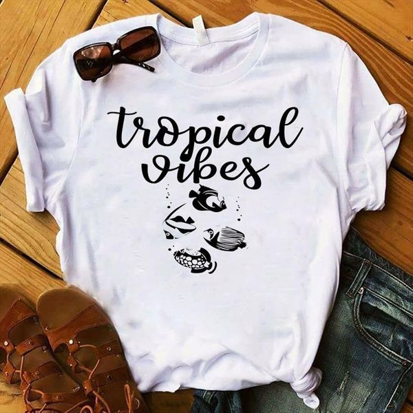 

tropical vibes printed womens short sleeve loose tee graphic, White