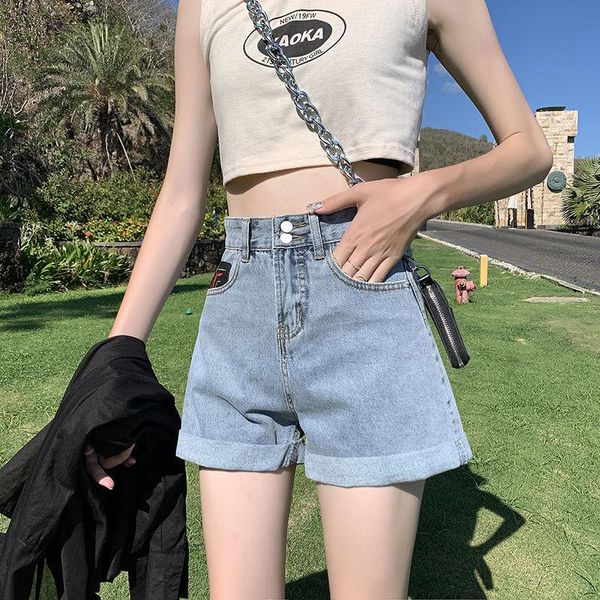 

women's jeans denim shorts female 2021 spring and summer curled wide leg pants high waist a-line super loose tide, Blue