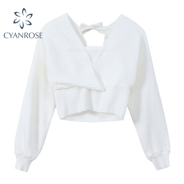 Maglione pullover aderente bianco sexy per maglieria corta a maniche lunghe da donna Maglieria femminile a coste eleganti top casual coreani in maglia corta 210417