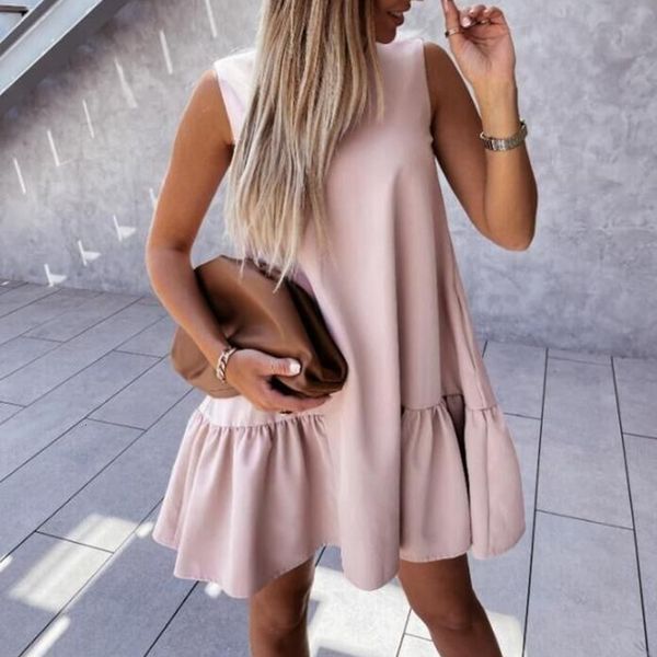 

casual dresses summer polyester o neck women sleeveless kahki solid color loose style ruffles mini vestidos female wa9c, Black;gray