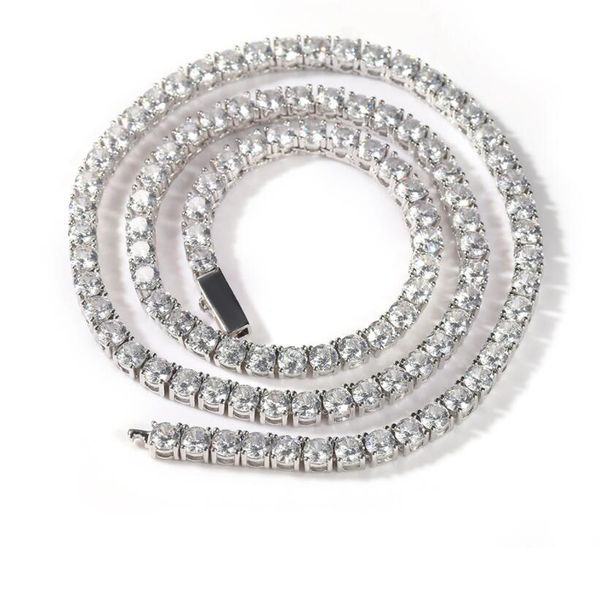 

hip hop men's row chains european and american simple 4mm copper set zircon spring buckle tennis necklace, Silver