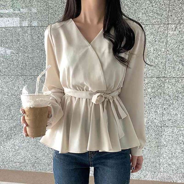 

blusas elegantes de mujer v-neck ladies long sleeve chiffon blouse bow belt blouses woman button casual shirt femme, White