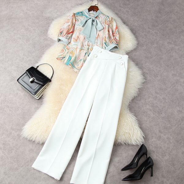 

women's two piece pants european and american women's wear for spring printed shirt short sleeves bow neck tall waist trousers fas, White