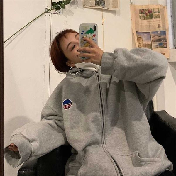 

oversized zip up sweatshirt streetwear loose long-sleeved korean style jacket autumn zipper women black hoodie 211109