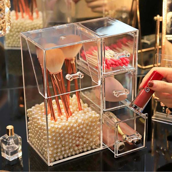 

acrylic makeup organizer cosmetic holder tools storage pearls box brush accessory with cover boxes & bins