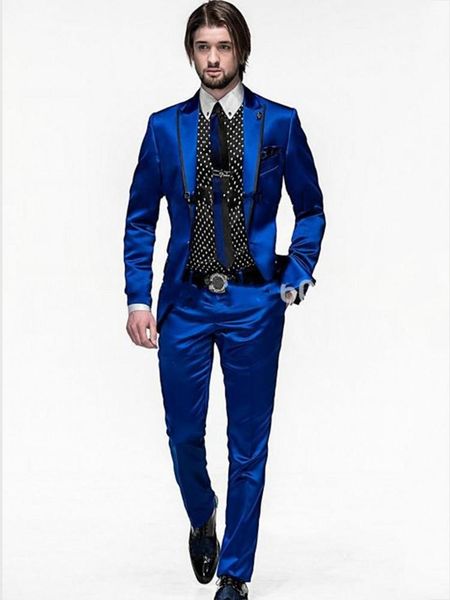 

handsome blue satin shiny men's evening dress toast suits groom tuxedos blazer coat trousers set (jacket+pants+tie) no:218 & blazers, White;black