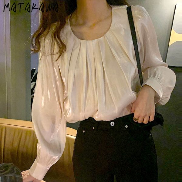 

matakawa pleated puff sleeve loose women blouses korea autumn round neck blusas mujer de moda long-sleeved shirt women 210513, White