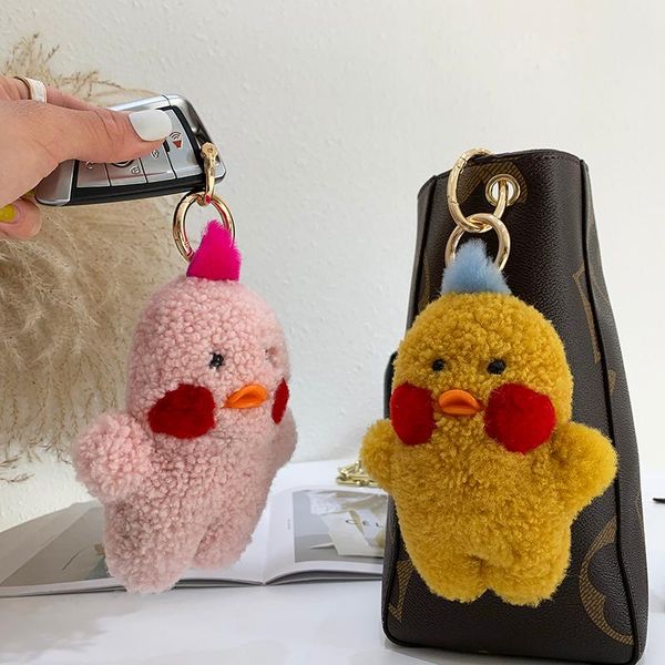 

keychains cute real lamb fur keychain for women girls fluffy yellow duck key ring purse car bag charms pendant toy, Silver