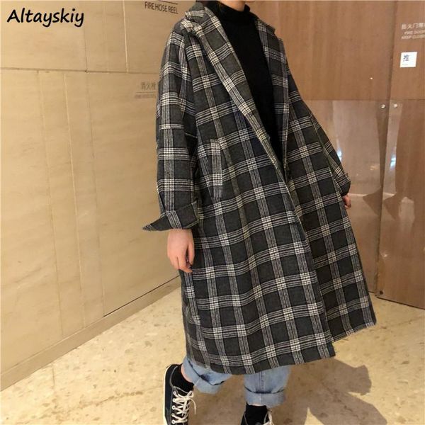 

women's wool & blends women plaid long sleeve classic oversize spring overcoats trendy all-match preppy style students basic coats, Black