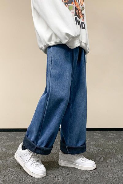 

men's jeans winter velvet baggy men fashion simple streetwear daliy straight wide leg pants male elastic waist mopping, Blue