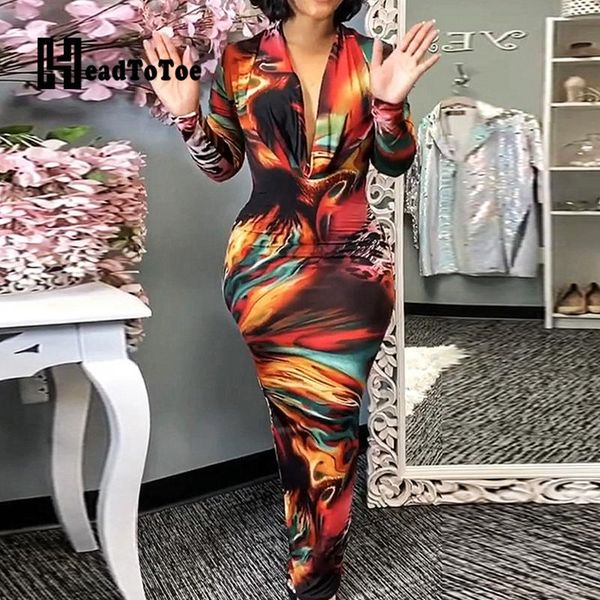 

casual dresses graffiti print v neck long sleeve bodycon maxi dress, Black;gray