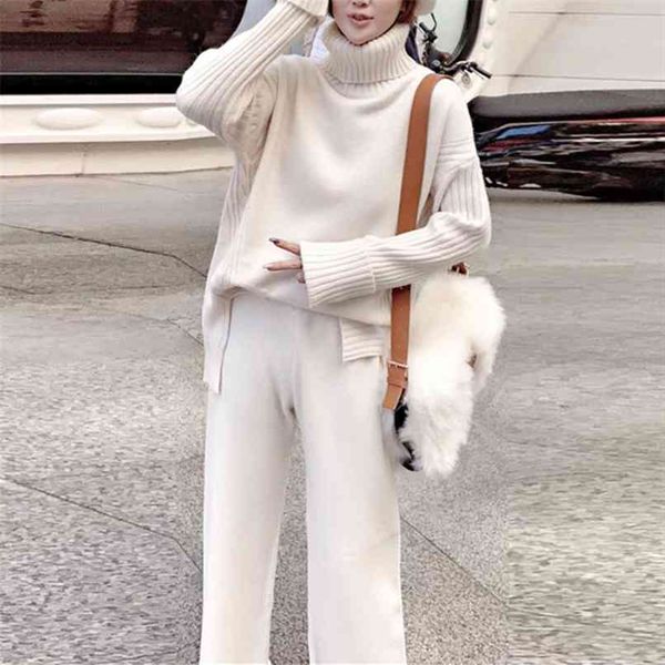 

sweater set warm suit for women winter knitted suits 2 piece soild turtleneck + loose trousers office lady suit 210520, White