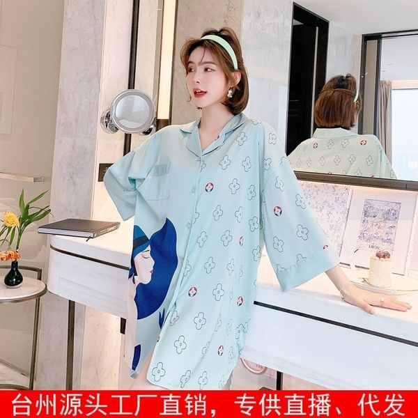 

silk ice nightdress women's summer 7 / 3 sleeve shirt skirt thin imitation net red home wear, Black;red