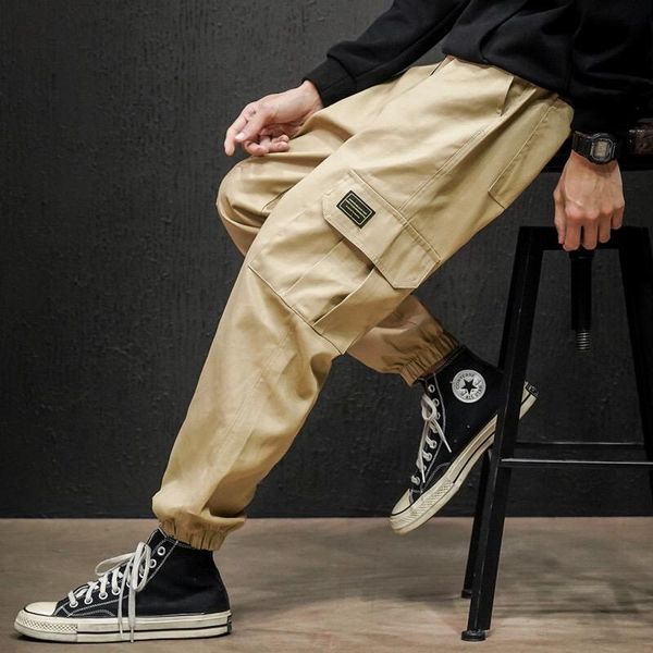 

men's side pocket cargo harem pants fashion casual street bag ribbon black hip-hop jogging