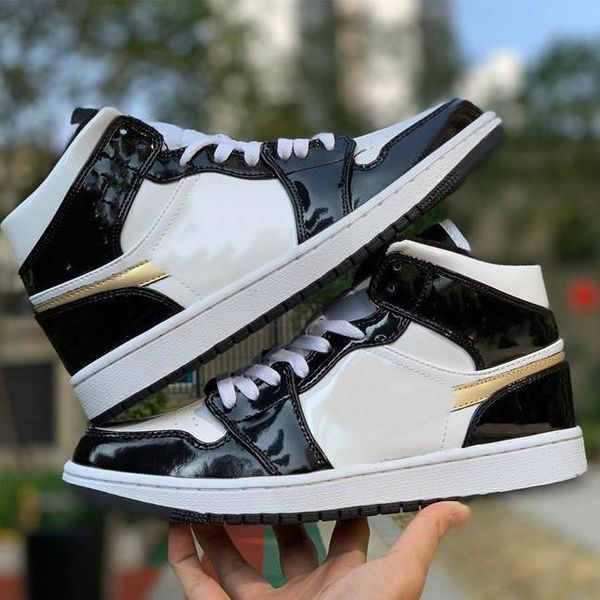 

shoes jumpman 1 mid patent big black white metallic gold schoenen