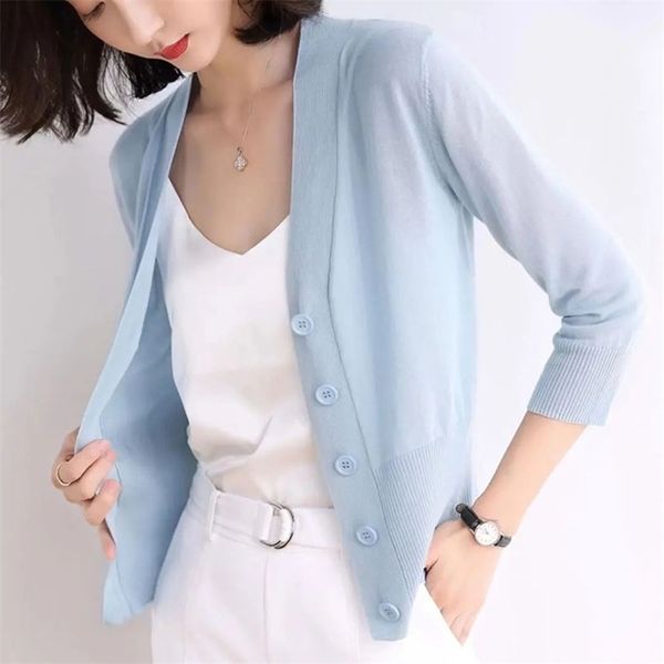 

three quarter sleeve thin cardigan women spring summer short slim knitted coat casual solid knitwear female 210522, White