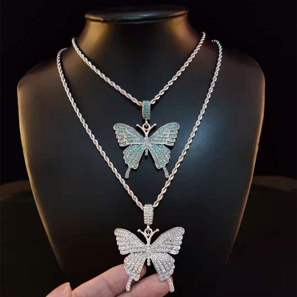 

pendant necklaces men women hip hop iced out bling butterfly with stainless steel rope chain hiphop necklace fashion jewelry, Silver