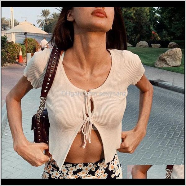 

tshirt tees womens clothing apparel drop delivery 2021 cropped lace up short sleeve hollow out front split hem oneck slim women fash, White