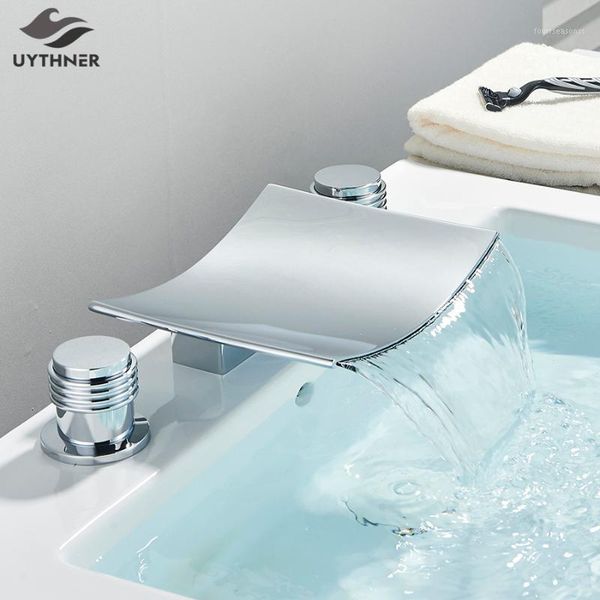 

bathroom sink faucets uythner matte black basin water faucet mixer tap wide spout waterfall bathtub and cold1