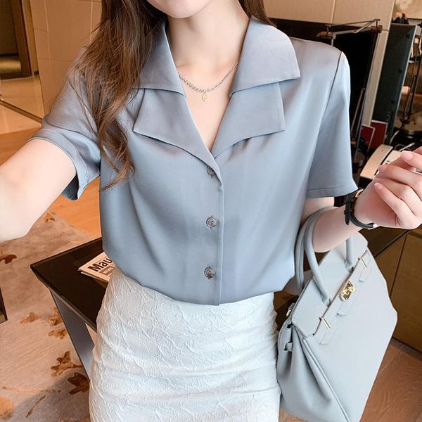 

women's blouses & shirts minimalism luxury summer short sleeve shirt profession silk loose female blouse fashion thin 2021, White