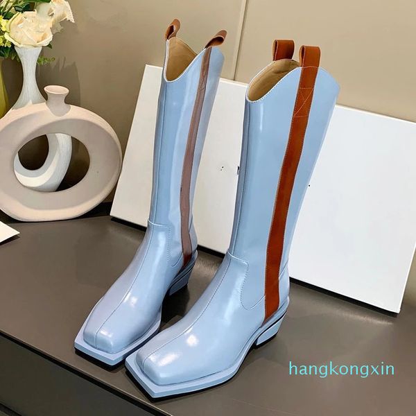 

square toe knight boots women western cowgirl real leather chunky heels mixed color retro slip-on v shape opening boots, Black