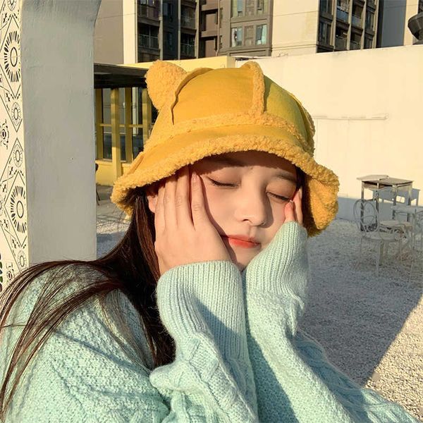 

lamb plush fisherman's female lovely fashion autumn winter designer cat ear sweet girl western style warm basin hat