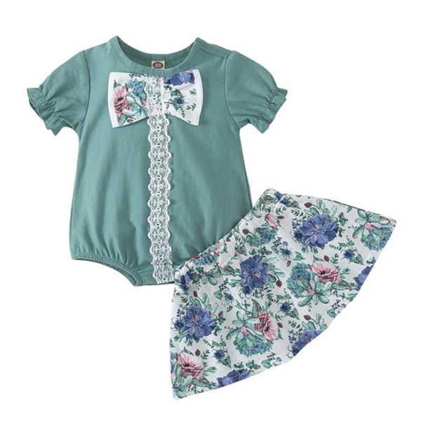 

clothing sets two-piece summer baby girl born clothes skirt green baby's lantern sleeve flowers cotton breathable wear, White