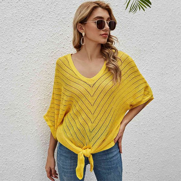

england style half sleeve solid color v-neck hollow out batwing sleeve knitting shirt women loose casual commute t-shirt 210423, White