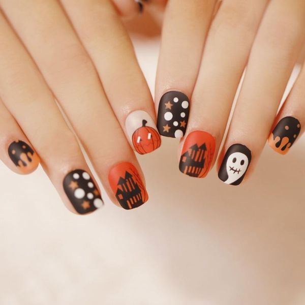 

false nails 24pcs/box halloween style short round/square head nail tip wearable fake full cover press on coffin tips, Red;gold