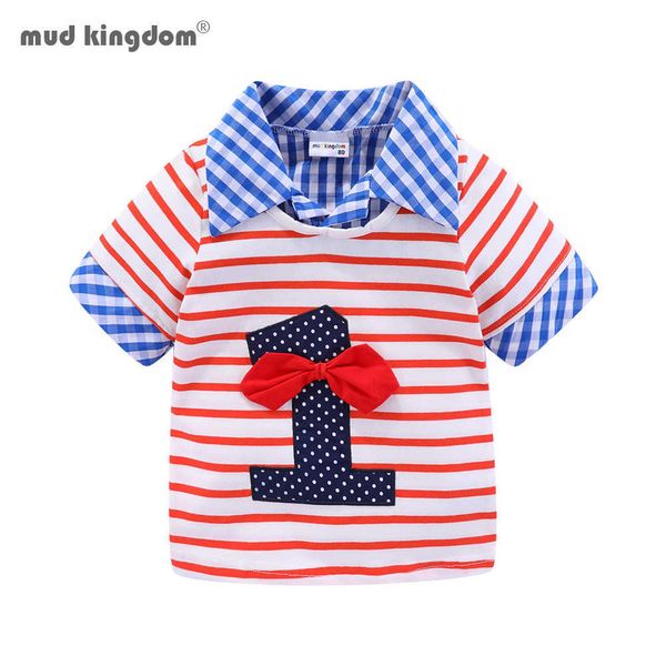 Mudkingdom criança meninos aniversário camisetas verão manga curta listrada padrão digital patchwork lapel tops para 210615