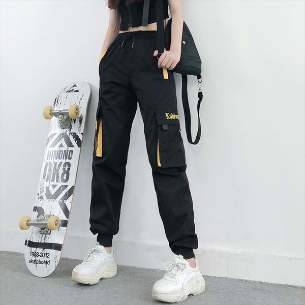 

cargo fashion streetwear womens pant ankle length elastic waist drawstring loose trousers casual joggers, Black;white