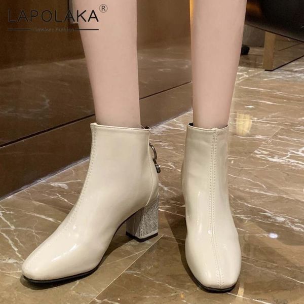

boots lapolaka 2021 arrivals shiny rhinestone decoration thick heels zipper booties women shoes fashion ins ankle ladies, Black
