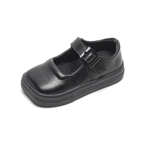 

flat shoes children' fashion kids girls square toe black leather school student hook&loop soft sole children casual party, Black;grey