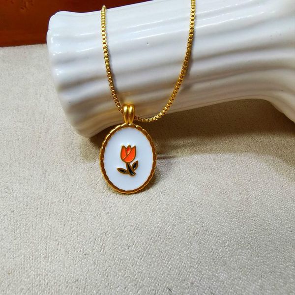 

european and american fashion simple geometric oval tulip flower shape enamel pendant short necklace clavicle chain necklaces, Silver